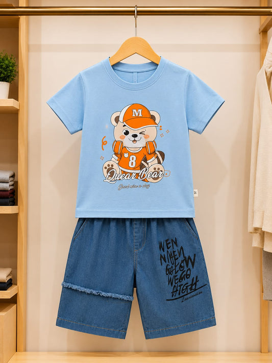 Girls Sky Blue Printed Tee & Denim Shorts Set