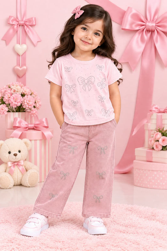 Girls Pink T-Shirt with Denim Jeans (Imported)