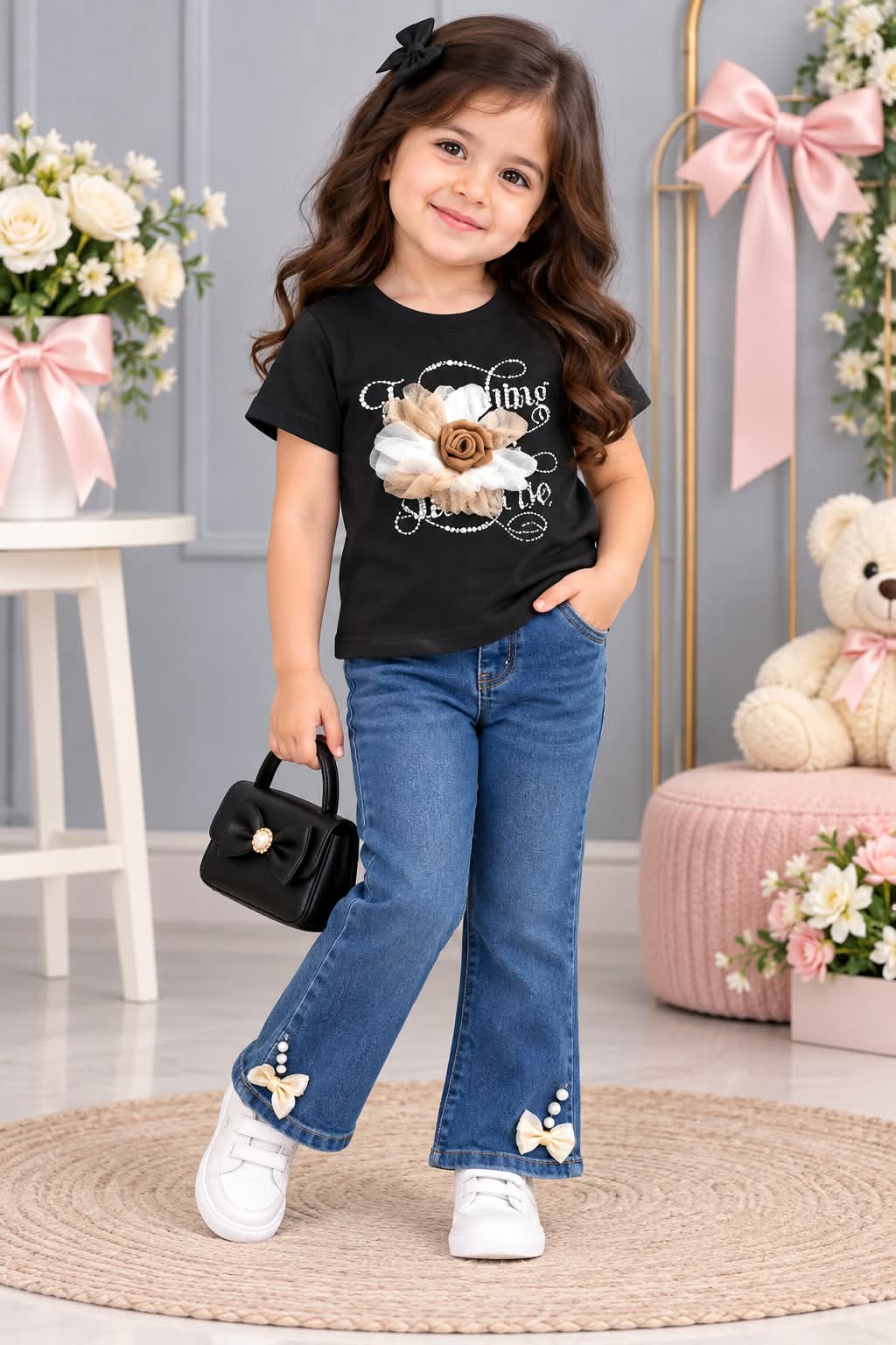 Girls Black T-Shirt with Denim Jeans (Imported)