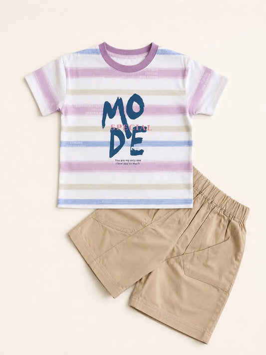Boys’ Summer Watercolor Stripe T-Shirt and Casual Khaki Shorts 2-Piece Set